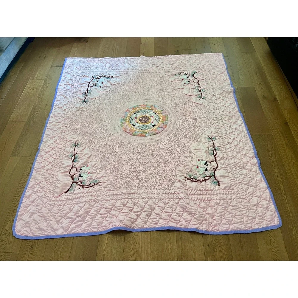 Vintage Asian Satin Wedding Quilt Pink Crane Embroidery Bedspread 80x80 Handmade